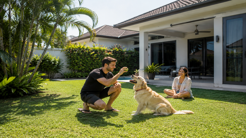 A family enjoying outdoor garden space with their dog at a private house in Pattaya, highlighting why houses are often the preferred option for pet owners seeking long-term rentals.